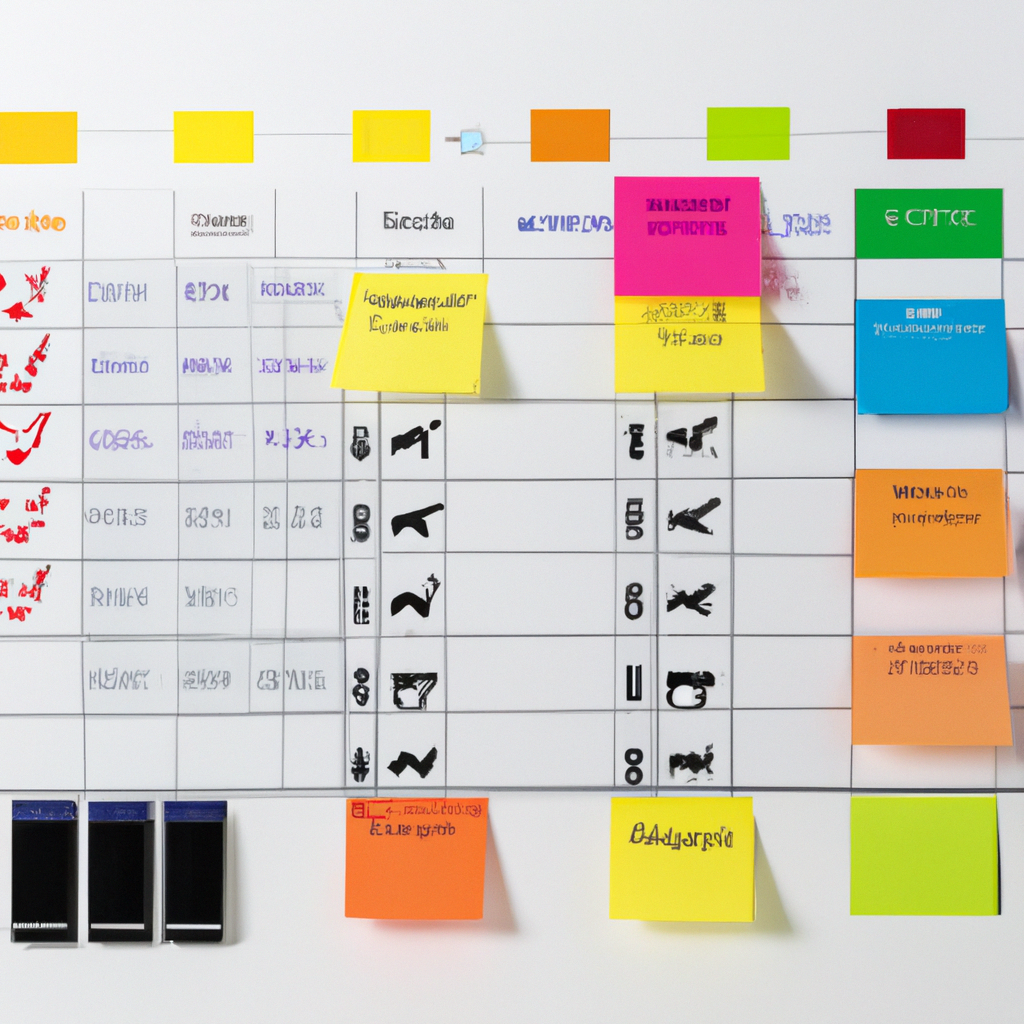 Clean whiteboard week planner with sticky notes, a focus timer icon, and checklist icons
